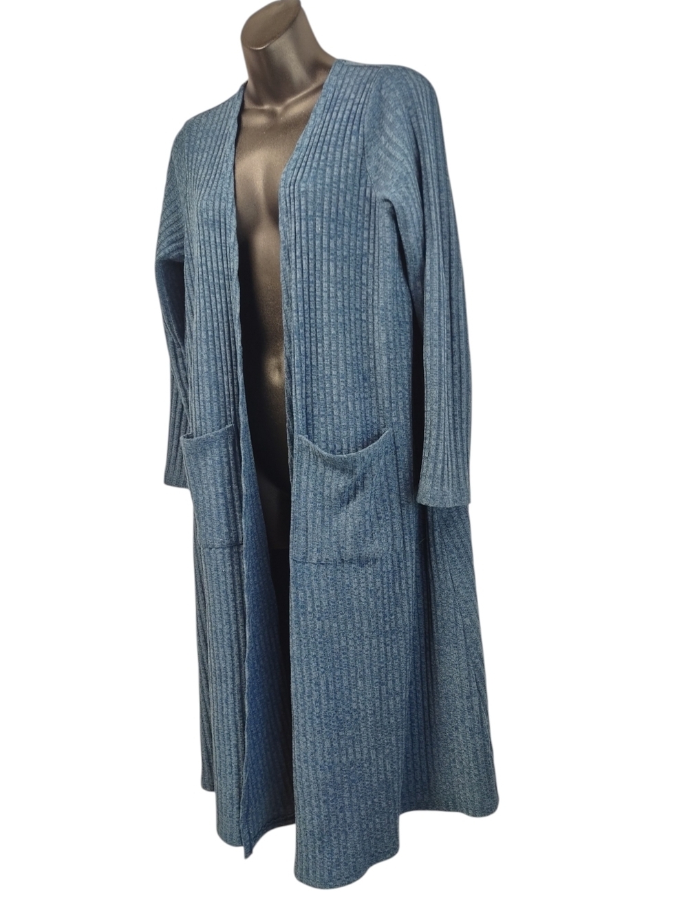 LuLaRoe Savannah Duster Cardigan Blue Ribbed Knit Long Open Front Pocket Size L - Picture 3 of 6